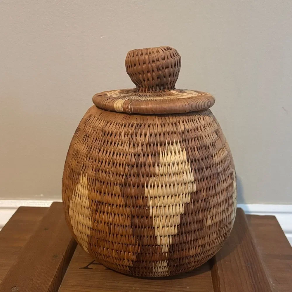 Handcrafted Woven Basket with Lid - Brown and Tan